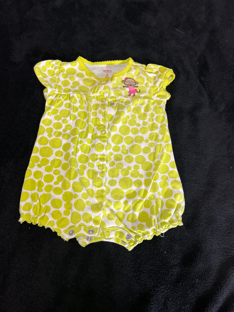 Carters White romper with lime, green spots, and a monkey 3-6 Months