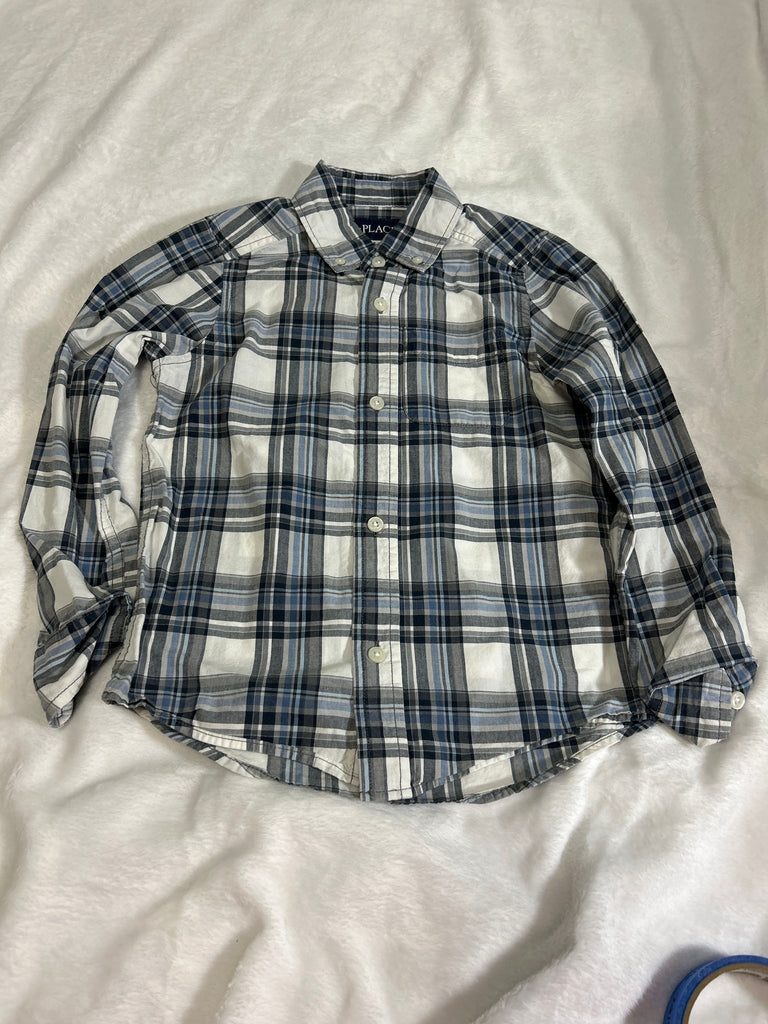 Children Place White, black and blue checkered, long sleeve collared shirt 5T/5