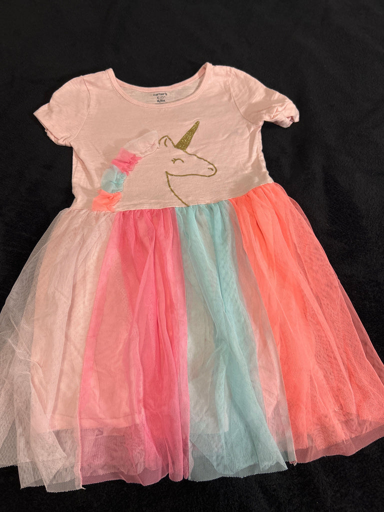 Carters kids Pink unicorn top dress with multicolor fishnet 6T/6