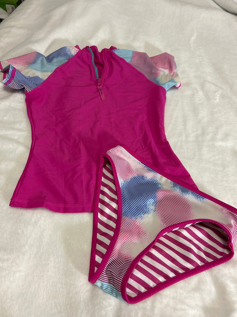 Eddie Bauer Two piece magenta bathing suit rash guard bikini ser Small (6-8)