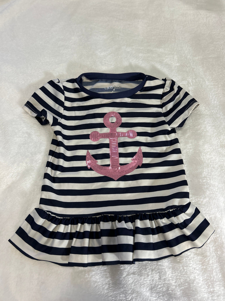 Cat and jack White and blue striped rash guard with pink sequins anchor 5T/5